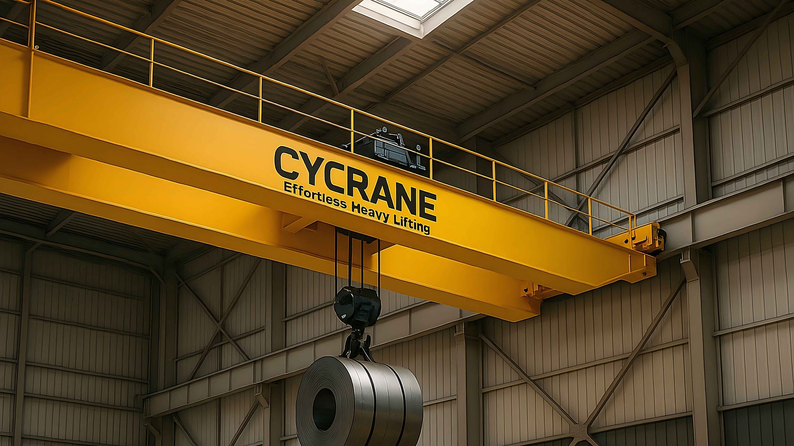 Yellow CYCRANE overhead crane lifting a steel coil in an industrial workshop